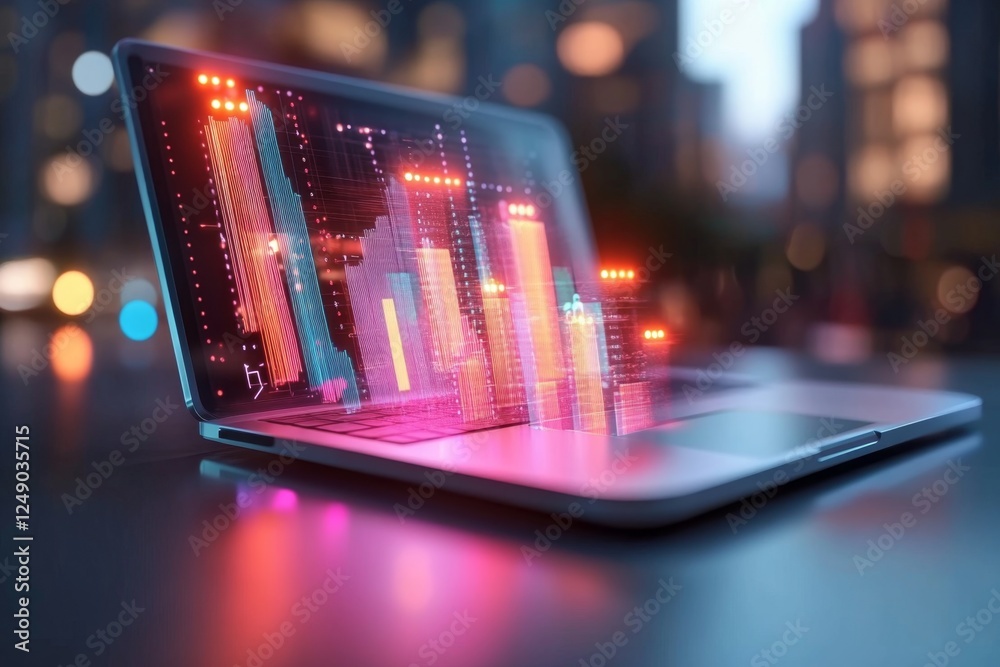 Poster A 3D isometric rendering of a creative team working together in a futuristic office with holographic screens