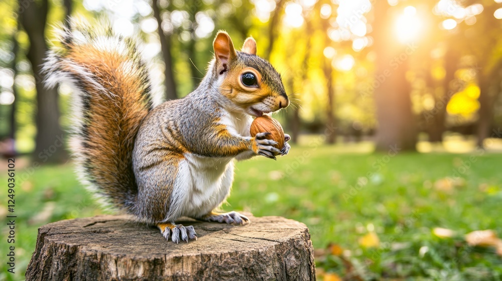 Poster eastern gray squirrel munching on a nut while perched on a tree stump in a lively city park, soaking