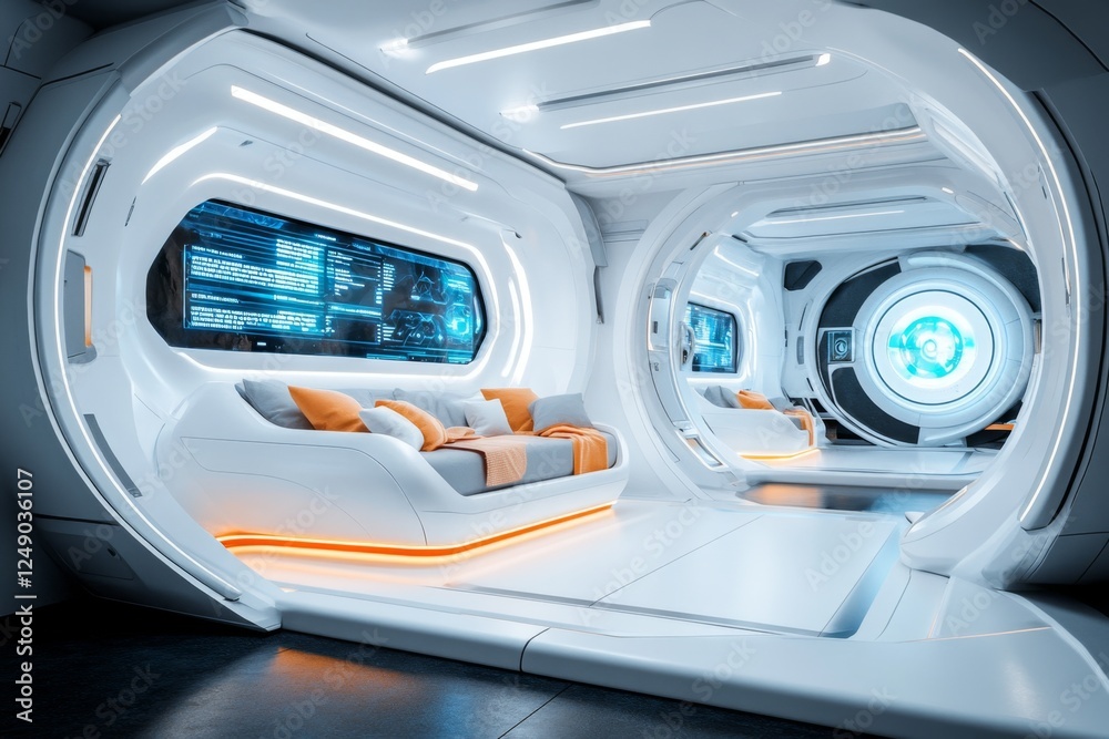 Aufkleber A 3D-rendered futuristic workspace with floating topic lists displayed on holographic boards