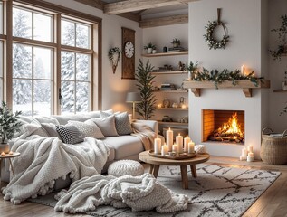 cozy nordic winter retreat with white fluffy blankets warm fireplace and natural wooden accents creating a snowy-inspired atmosphere