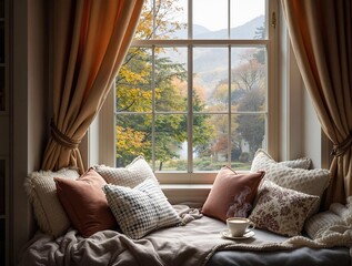 cozy window seat with soft pillows warm blankets and steaming cup of tea creating a serene reading nook ambiance