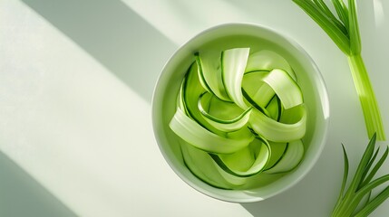 Celery curls in bowl with fresh stem, minimalist green food concept