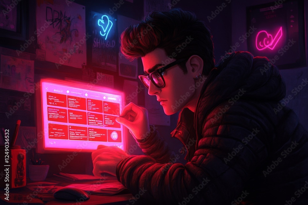 Poster A 8-bit pixel art of a character selecting a quest topic from a glowing menu in a retro RPG game