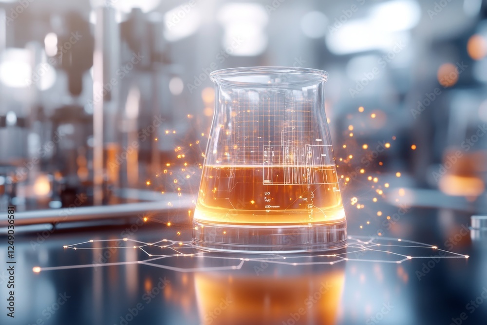 Poster A 3D-rendered modern laboratory with floating holographic data screens displaying an ongoing experiment