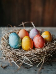 Fototapeta premium A delightful assortment of Easter eggs in a wicker basket lined with straw, ready to bring joy and color into any home this spring season.