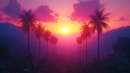 Obraz premium Vibrant sunset over palm trees and mountains.