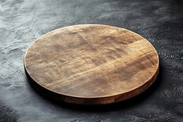 Obraz premium Empty Round Wooden Cutting Board on Dark Concrete Background