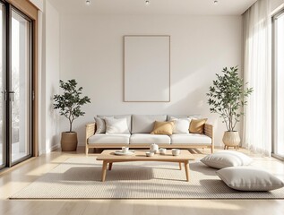 tranquil japandi style interior with natural wood decor soft lighting and neutral palette creating a cozy modern ambiance
