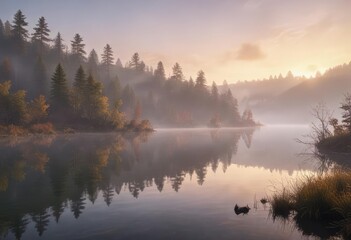 Obraz premium Enchanting fog blanketing a tranquil lake at sunrise, enchanting, tranquil, sunrise, fog