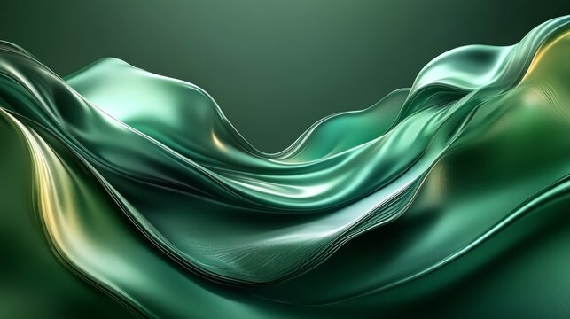 a close-up of an abstract, flowing, shimmering green and teal fabric or liquid. the curves and folds create a hypnotic and elegant visual effect. the background is a gradient of deep green.
