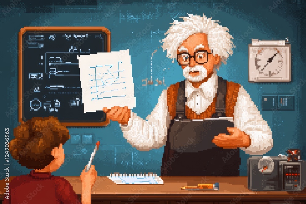 Poster a 8-bit pixel art of a teacher handing out tiny pixelated worksheets to students in a retro classroo
