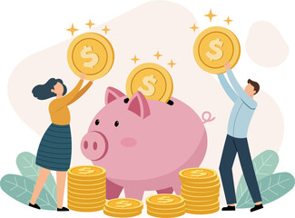 Illustration of a financial savings concept featuring a large pink piggy bank at the center surrounded by stacks of gold coins.