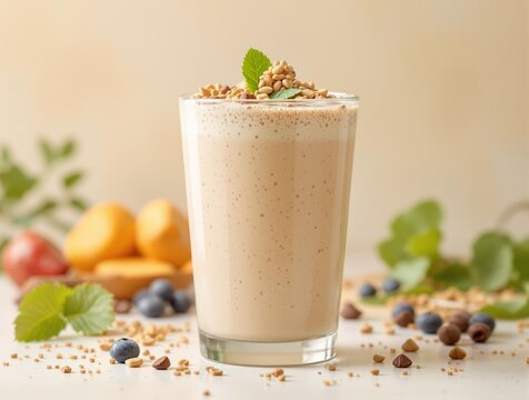 protein shake in a glass with natural ingredients on clean light background suggesting purity and health in every sip ideal for wellness and fitness promotions