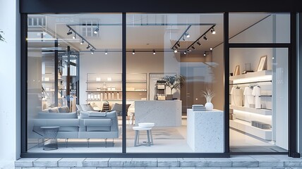 Upscale retail store with a combination of white walls, black metal borders, and natural wood paneling, floor-to-ceiling glass windows showcasing premium products. 