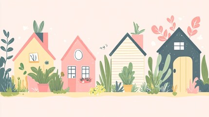 Charming Hand-Drawn Small Tiny Houses with Gardening Flat Vector Illustration Set for Poster, Banner, Flyer, Brochure Cover of Real Estate Agency or Construction Company, Cartoon Architecture