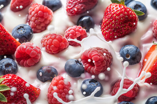 Fresh berries splashing in creamy milk