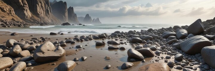 Eroded shoreline with sharp rocks and pebbles under a hazy cloudy sky, coastal plants, beach stones