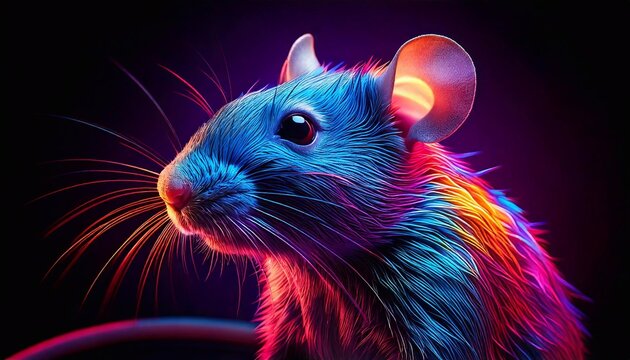 Vibrant neon rat glows against a dark background in an artistic display