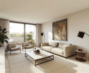 Fototapeta premium Modern minimalistic living room with bright natural light and greenery