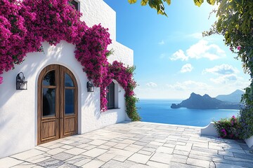 Mediterranean House with Bougainvillea Blooms Overlooking Ocean Views on Sunny Day
