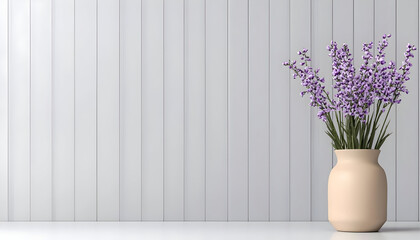 Fototapeta premium Minimalist creative workspace. lavender bouquet in beige vase against light wooden wall