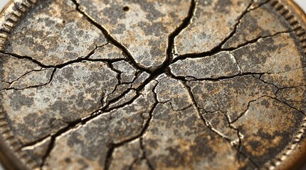 close-up of cracked vintage american coin with rustic texture showcasing patina and distressed surface details