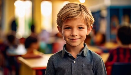 Joyful child smiles at kindergarten during activity in bright, colorful classroom environment