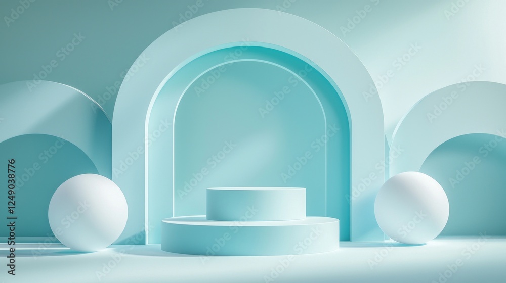 Poster An enchanting display of geometric shapes and podiums illuminated by neon lights creates a striking background perfect for showcasing products. Designed for modern aesthetics
