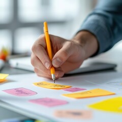 person writing on sticky notes during brainstorming session