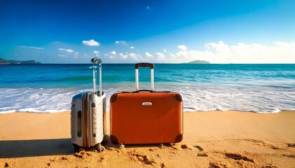 Suitcases resting on golden sand beside calm blue ocean under a sunny sky