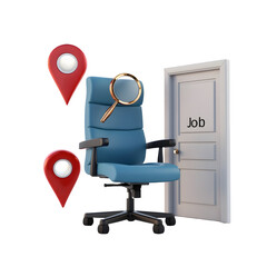Office chair, magnifying glass, job door, and location pin on white background, concept of job search and recruitment, 3D Rendering