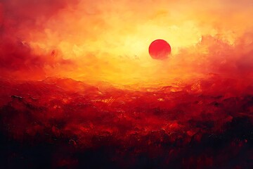 Fiery Sunset Landscape Painting