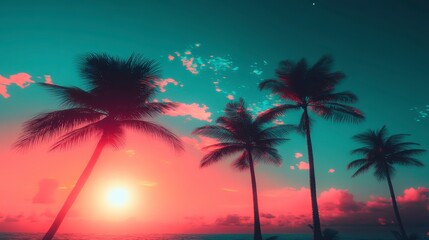 Obraz premium A pixelated sunset scene, with silhouettes of palm trees against a vibrant pink and teal sky, in a digital art style, featuring warm sunset tones