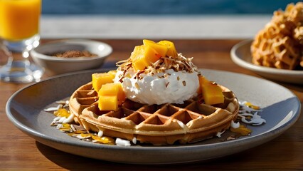 Mango and Coconut Waffle with Topped Coconut Cream 