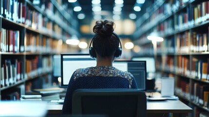 Focused student engaged in study at a library with computer and headphones in 4k footage