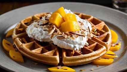 Mango and Coconut Waffle with Topped Coconut Cream 