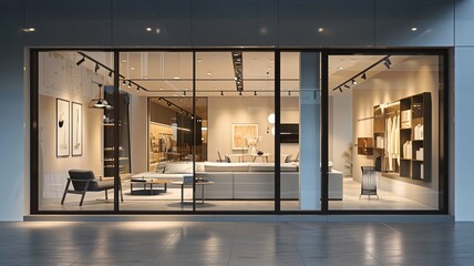Sleek modern store with glass windows and artistic interior displays. 