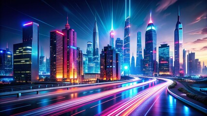 Obraz premium Futuristic Cityscape: Autonomous Vehicles & Light Trails with Bokeh Effect