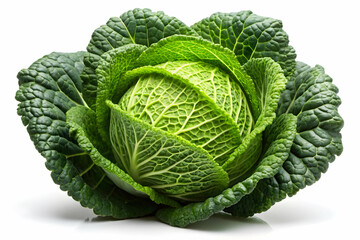 Fototapeta premium Fresh Savoy Cabbage: A vibrant, whole savoy cabbage with its signature tightly-packed, crinkled leaves, showcasing its deep green color and freshness.