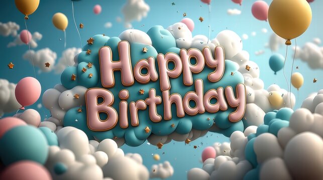 A vibrant and colorful birthday card with the words "Happy Birthday" in bold, playful letters floating above a sky blue background adorned by balloons  - Powered by Adobe
