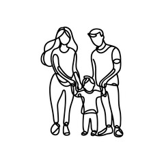 Happy family continuous one line drawing. Parents with their kid in simple linear style. Vector illustration.