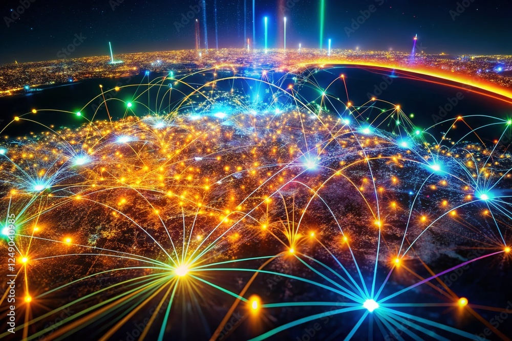 Poster futuristic data visualization: aerial view of dynamic network graph with glowing nodes and lines
