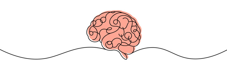 Brain continuous one line drawing. Human brain in simple linear style. Mental health concept. Vector illustration.