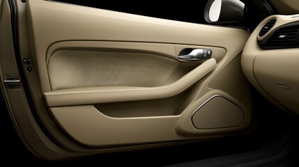 A sleek car door interior featuring a beige design, showcasing elegant contours and a modern handle against a dark background.