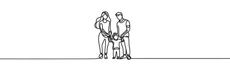 Happy family continuous one line drawing. Parents with their kid in simple linear style. Vector illustration.