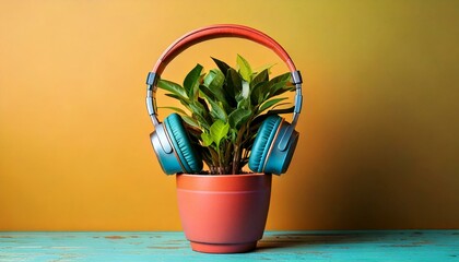 Funny surreal image of vintage retro headphones on a potted plant. Generated image