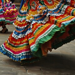 Vibrant and Colorful Skirts Twirl Gracefully in the Air as Dancers Perform Traditional Mexican Folkloric Dance with Energy, Passion, and Cultural Pride in a Festive Celebration