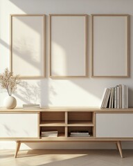 Fototapeta premium Modern Minimalist Living Room with Three Blank Frames and Decor