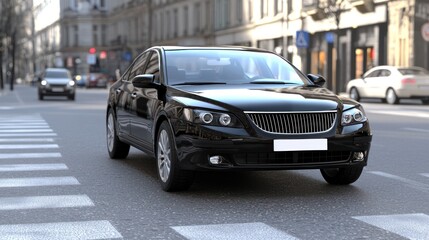 A sleek black car drives through a city street, showcasing urban architecture and a lively atmosphere.