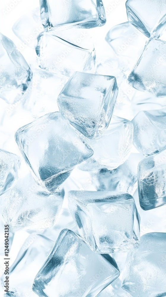 Poster ice cubes falling against a white background, creating a refreshing and cool atmosphere, perfect for